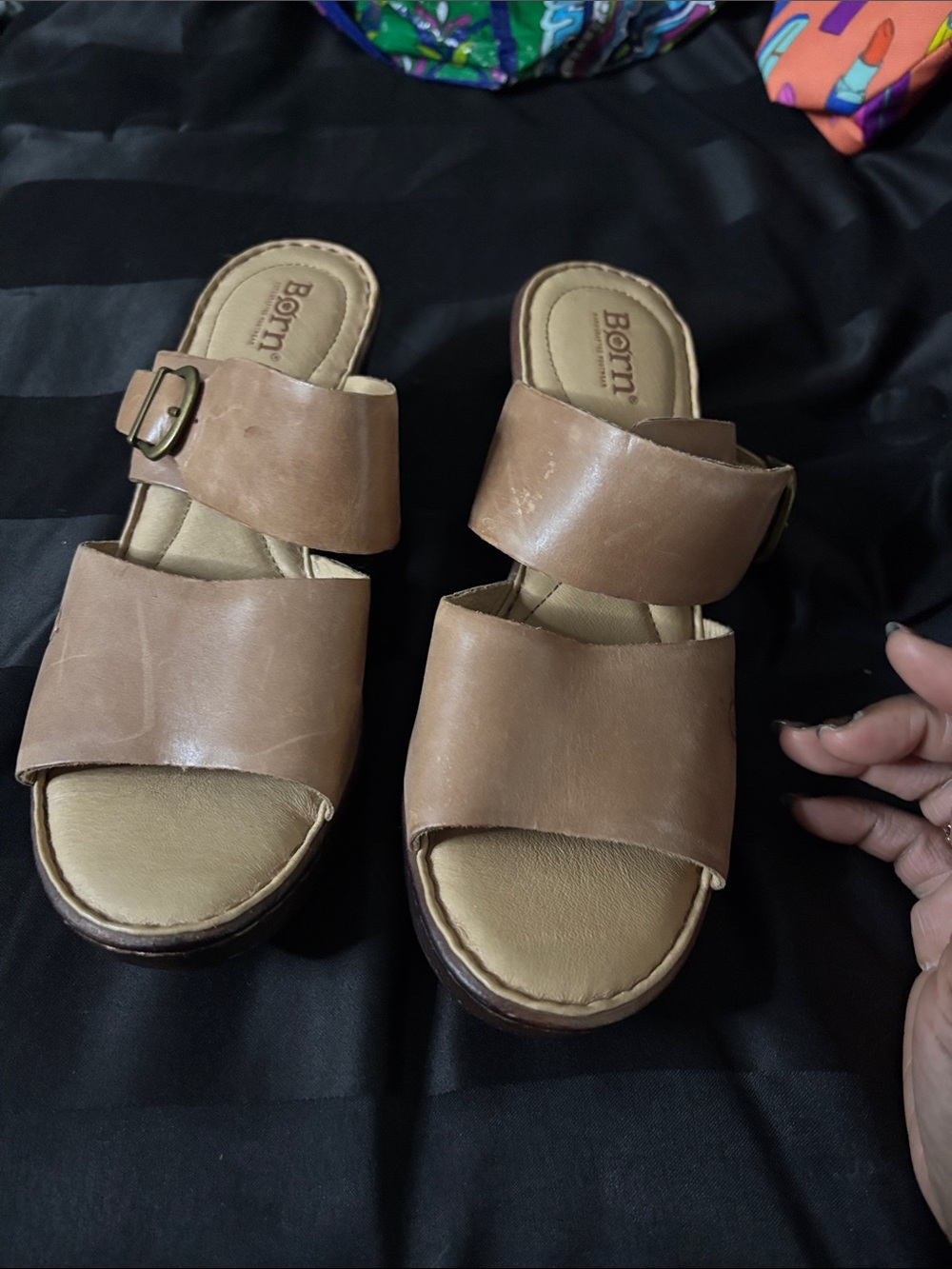 Preowned Born Tan Leather Double-Strap Slide Mules size 9M
